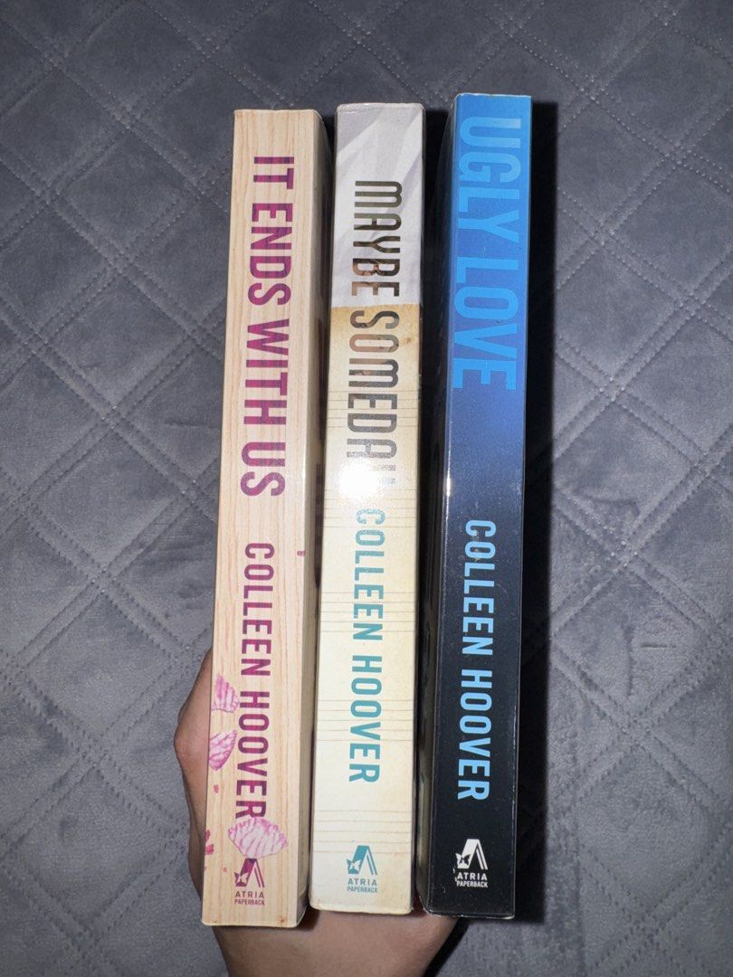 Colleen Hoover Books (Category: Storybooks) located in Malabon City. Submitted by sheena1218 (Listing ID 1468251743, Image 3). Description: - 3 popular Colleen Hoover paperbacks: It Ends With Us, Maybe Someday, and Ugly Love - Publisher: Atria Paperback editions - Condition: Pages show natural yellowing and foxing spots due to shelf storage; covers are intact with minimal crease wear - Perfect for romance fans and BookTok enthusiasts.