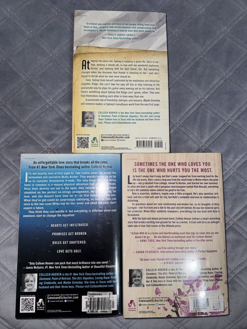 Colleen Hoover Books (Category: Storybooks) located in Malabon City. Submitted by sheena1218 (Listing ID 1468251743, Image 2). Description: - 3 popular Colleen Hoover paperbacks: It Ends With Us, Maybe Someday, and Ugly Love - Publisher: Atria Paperback editions - Condition: Pages show natural yellowing and foxing spots due to shelf storage; covers are intact with minimal crease wear - Perfect for romance fans and BookTok enthusiasts.