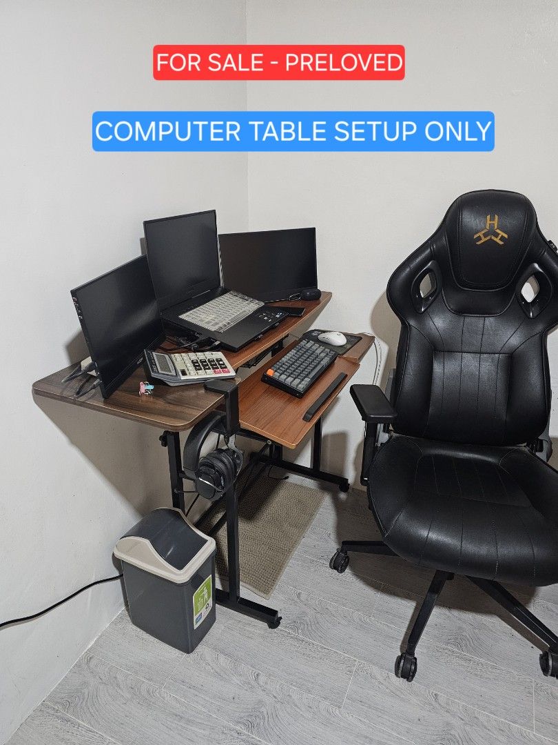 Computer Table Setup with Extension (Category: Tables & Sets) located in Paranaque City. Submitted by galithea17 (Listing ID 1468257273, Image 3). Description: ▪︎ Condition: Preloved, well-maintained ▪︎ Material: Durable wooden tiers with a sturdy black metal frame ▪︎ Best For: work-from-home setups, and multi-monitor configurations ✔️ Computer table only (electronics and accessories in photos are NOT included) ✔️ RFS: Moving-out / Decluttering S