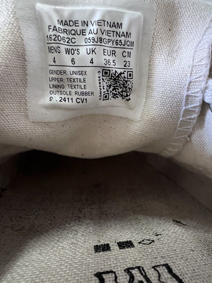 Converse Chuck 70 Low Top Parchment (Category: Sneakers) located in Manila. Submitted by nuttshellw52293 (Listing ID 1468109112, Image 3). Description: - Brand: Converse Chuck 70 Low Top - Colorway: Parchment - Size: US Men's 4 / US Women's 6 / UK 4 / EUR 36.5 / 23 cm - Style Code: 162062C - Condition: Worn a few times, very clean uppers with minor dust on soles - Material: Canvas upper, rubber toe cap, brown outsole - Origin: Made in Vietnam.