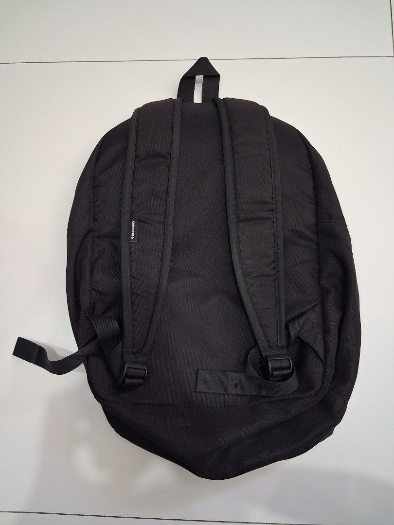 Converse Chuck Taylor All Star Black Backpack (Category: Backpacks) located in Legazpi City. Submitted by flordelotus (Listing ID 1468101985, Image 2). Description: Authentic Converse black bag, originally bought for ₱1,000+ on orange app - Color: Black - Condition: Well-used - Has a fray spot at the bottom, but it is not completely through the material (not a hole). - Visible signs of use; please refer to the photos for the actual condition. Wha