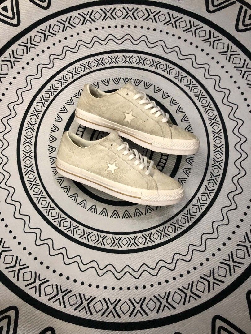 Converse One Star Suede Beige 🫶 (Category: Sneakers) located in Manila. Submitted by sonkicks (Listing ID 1468253481, Image 2). Description: - Brand: Converse One Star - Color/Material: Beige suede - Style: Low-top skate sneakers with classic side star logo - Size: Men's US 8 / Women's US 9.5 / UK 7 / EUR 41 - Details: White laces, white midsoles, and gum rubber outsoles with great tread left - Condition: Normal wear on suede and soles, still pl