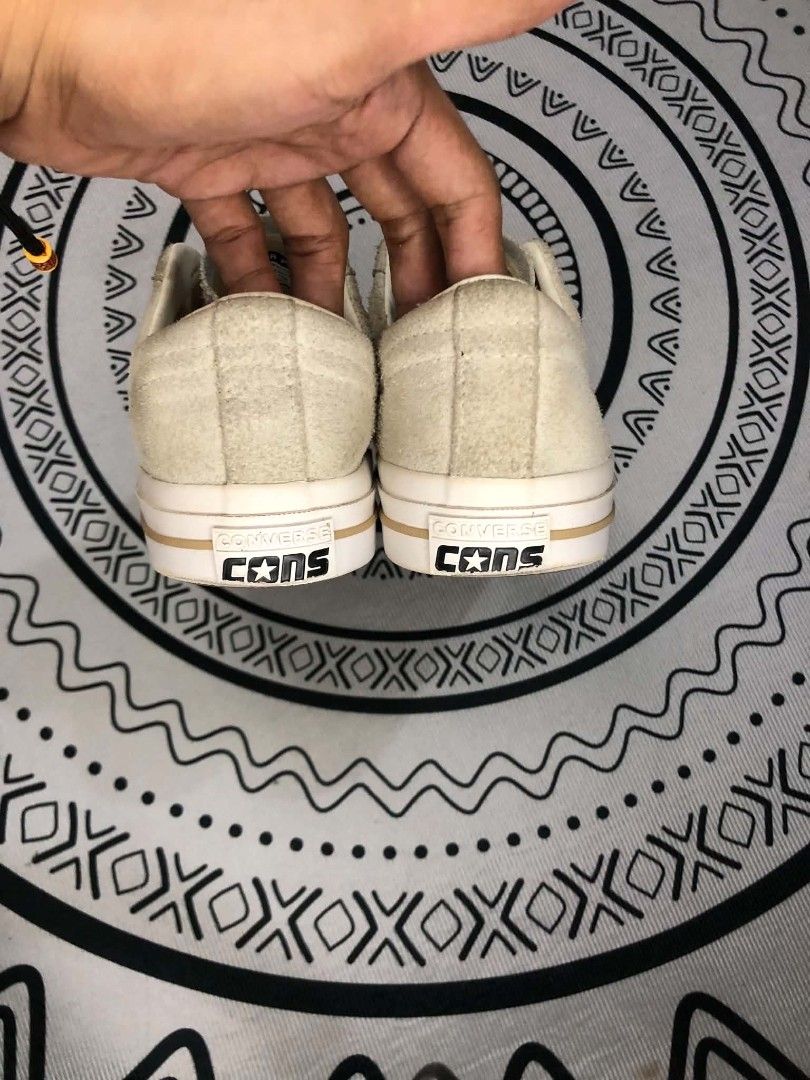 Converse One Star Suede Beige 🫶 (Category: Sneakers) located in Manila. Submitted by sonkicks (Listing ID 1468253481, Image 3). Description: - Brand: Converse One Star - Color/Material: Beige suede - Style: Low-top skate sneakers with classic side star logo - Size: Men's US 8 / Women's US 9.5 / UK 7 / EUR 41 - Details: White laces, white midsoles, and gum rubber outsoles with great tread left - Condition: Normal wear on suede and soles, still pl