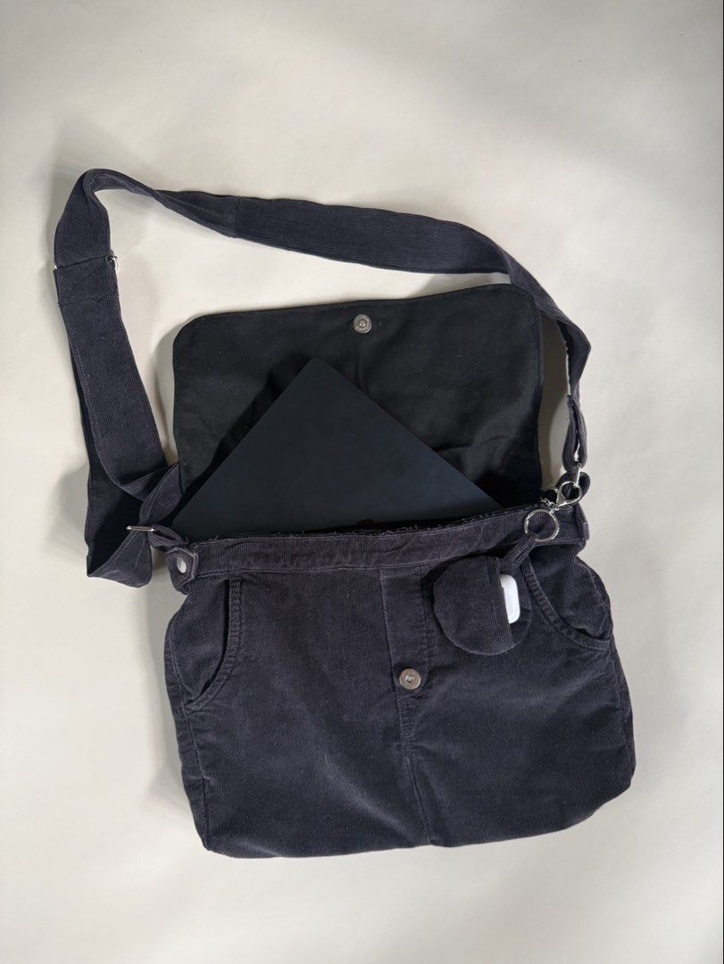 corduroy messenger bag (Category: Sling Bags) located in Muntinlupa City. Submitted by madeby.looma (Listing ID 1468098969, Image 2). Description: corduroy overalls reworked. can fit macbook / laptop comes with matching earphones case from same material more designs available on i g : madeby.looma.