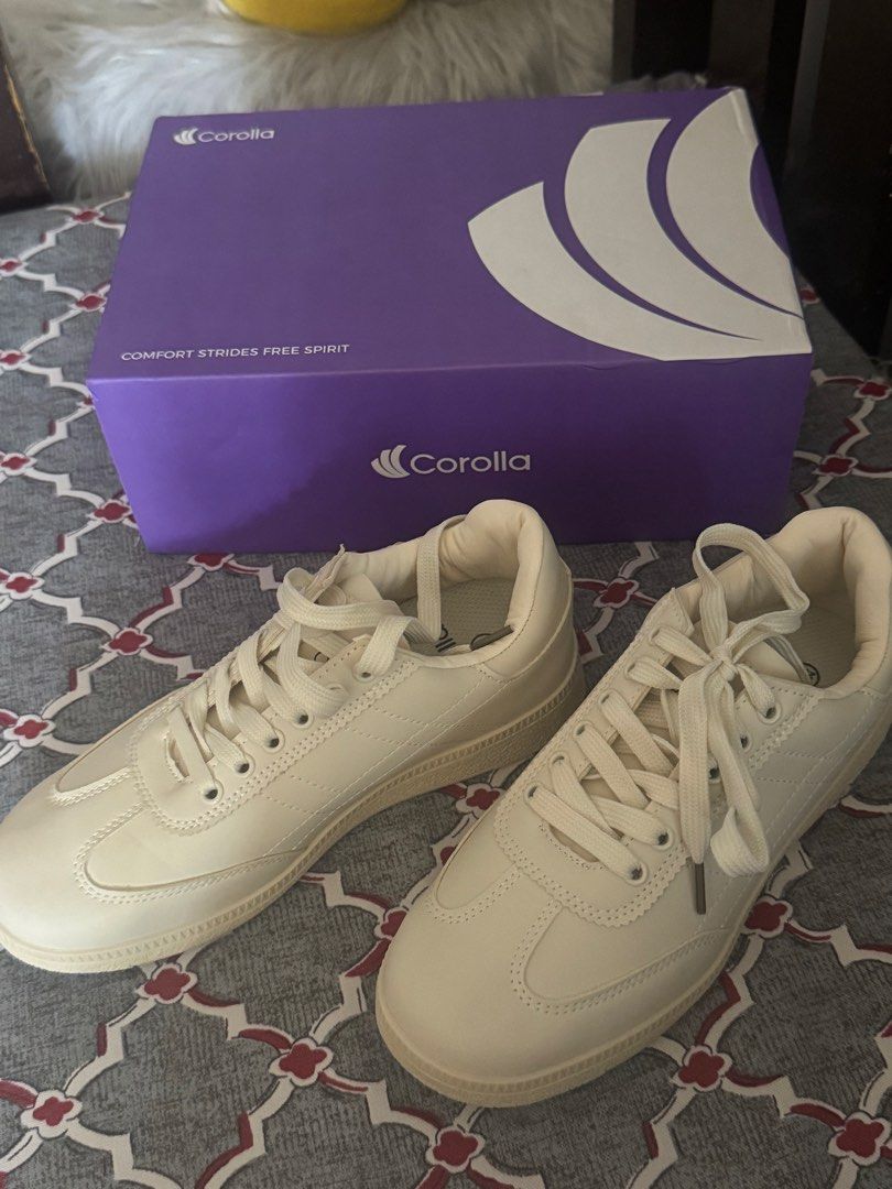 Corolla White Sneakers Size 36 (Category: Sneakers) located in Las Pinas. Submitted by st4rbeam (Listing ID 1468063007, Image 1). Description: - RFS: bought my wrong size - Brand/Model: Corolla casual sneakers - Color: Off-white / Cream - Size: 36 (230 inner tag) - Design details: Quilted side stitching, matching flat laces, textured rubber sole - Condition: Clean uppers, pristine outsoles, ready to wear - Inclusions: Original purple box.