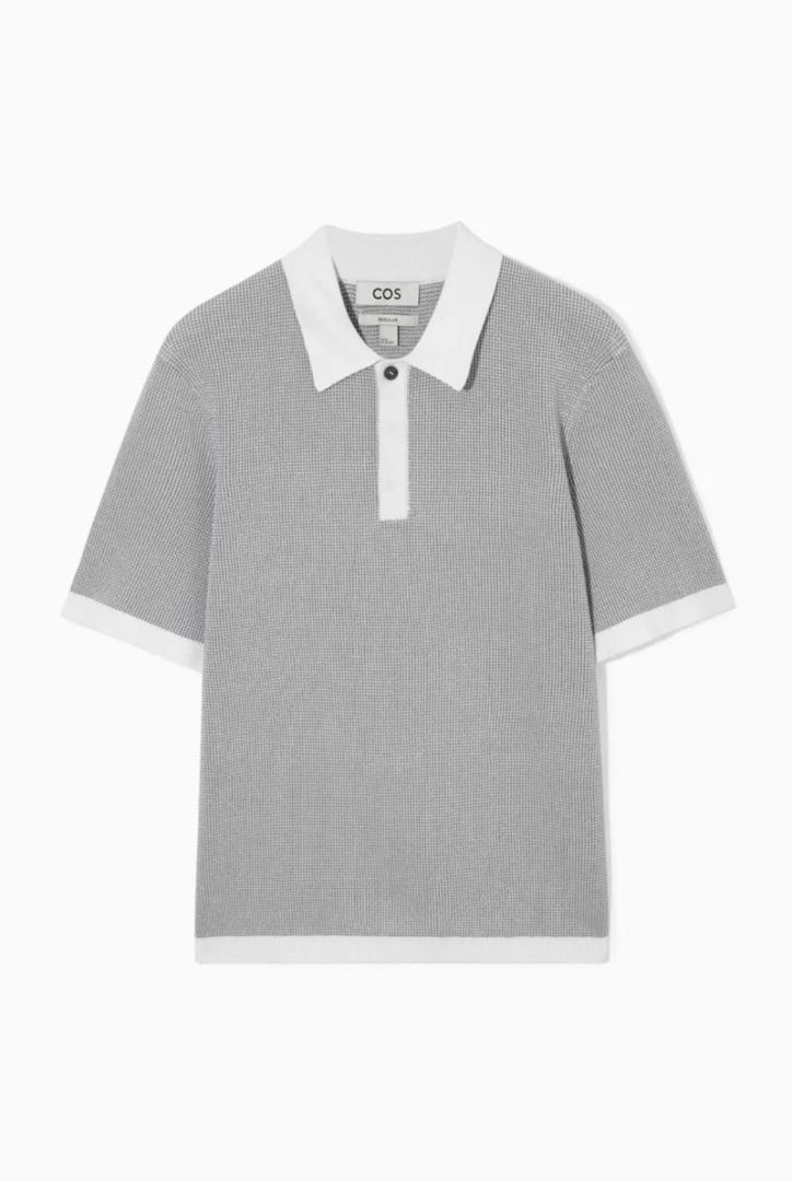COS Textured Knit Polo Shirt (Category: Tshirts & Polo Shirts ) located in Cebu City. Submitted by hommeboy.howard (Listing ID 1468236269, Image 1). Description: COS knit polo shirt, grey and white texture throughout. Contrasting white collar, placket, sleeve cuffs, and hem. Open mesh knit pattern, breathable fabric. Short sleeves, regular fit. Clean label inside the collar. Condition: Used Twice Loc: Cebu City Shipping fee c/o buyer.