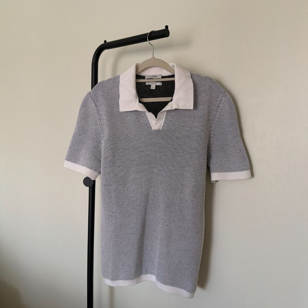 COS Textured Knit Polo Shirt (Category: Tshirts & Polo Shirts ) located in Cebu City. Submitted by hommeboy.howard (Listing ID 1468236269, Image 3). Description: COS knit polo shirt, grey and white texture throughout. Contrasting white collar, placket, sleeve cuffs, and hem. Open mesh knit pattern, breathable fabric. Short sleeves, regular fit. Clean label inside the collar. Condition: Used Twice Loc: Cebu City Shipping fee c/o buyer.