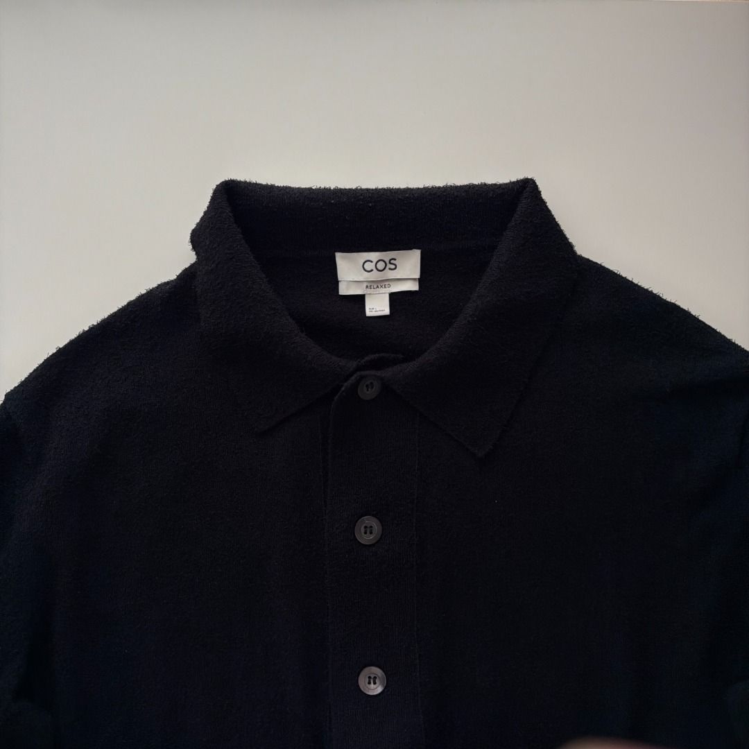 COS Textured Overshirt (Category: Coats, Jackets and Outerwear) located in Cebu City. Submitted by hommeboy.howard (Listing ID 1468236985, Image 2). Description: COS black knit shirt. Classic polo collar with full front button placket. Long sleeves with ribbed cuffs and hem. Textured knit fabric material. Minimalist design, easy to style for casual or smart outfits. Fits regular. Neutral staple piece for the wardrobe. Condition: Used once Loc: Ce
