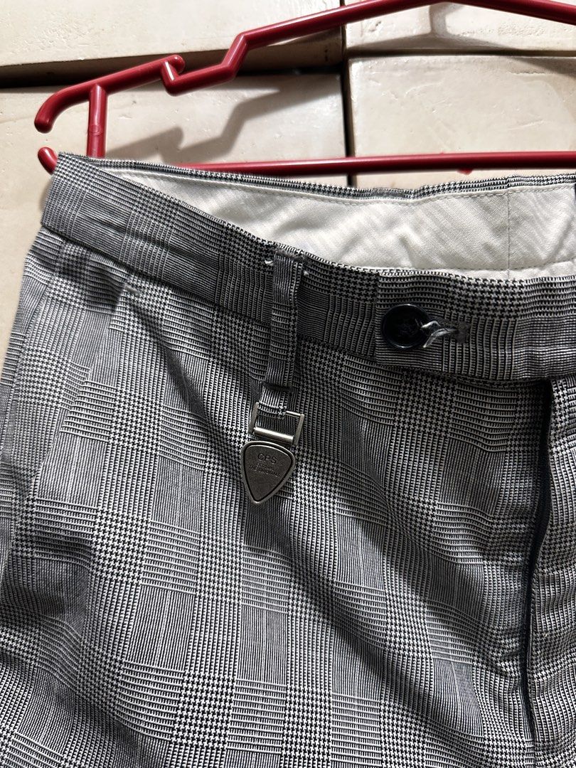 CPS Men Blackline Grey Plaid Trousers (Category: Trousers) located in Manila. Submitted by vicnoay (Listing ID 1468279028, Image 3). Description: - Brand/Model: CPS Men Blackline trousers - Pattern: Grey plaid - Fit: Clean tailored fit - Details: Branded metal guitar pick charm on front belt loop - Closure: Button closure with zip fly - Pockets: Functional welt pockets in the back - Sizing: Standard menswear sizing - Style: Ideal for office wear 