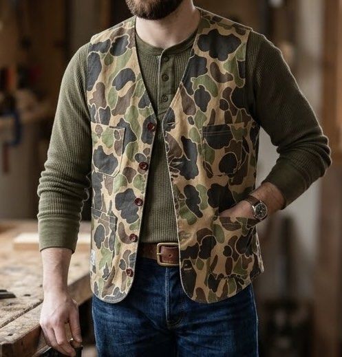 Cradd button-up utility vest featuring a classic duck hunter camouflage pattern (Category: Vests) located in Los Banos. Submitted by lootmeup (Listing ID 1468232584, Image 1). Description: Vintage Cradd button-up utility vest featuring a classic duck hunter camouflage pattern Size: Width: 18.5 Length: 25 Mine P500.