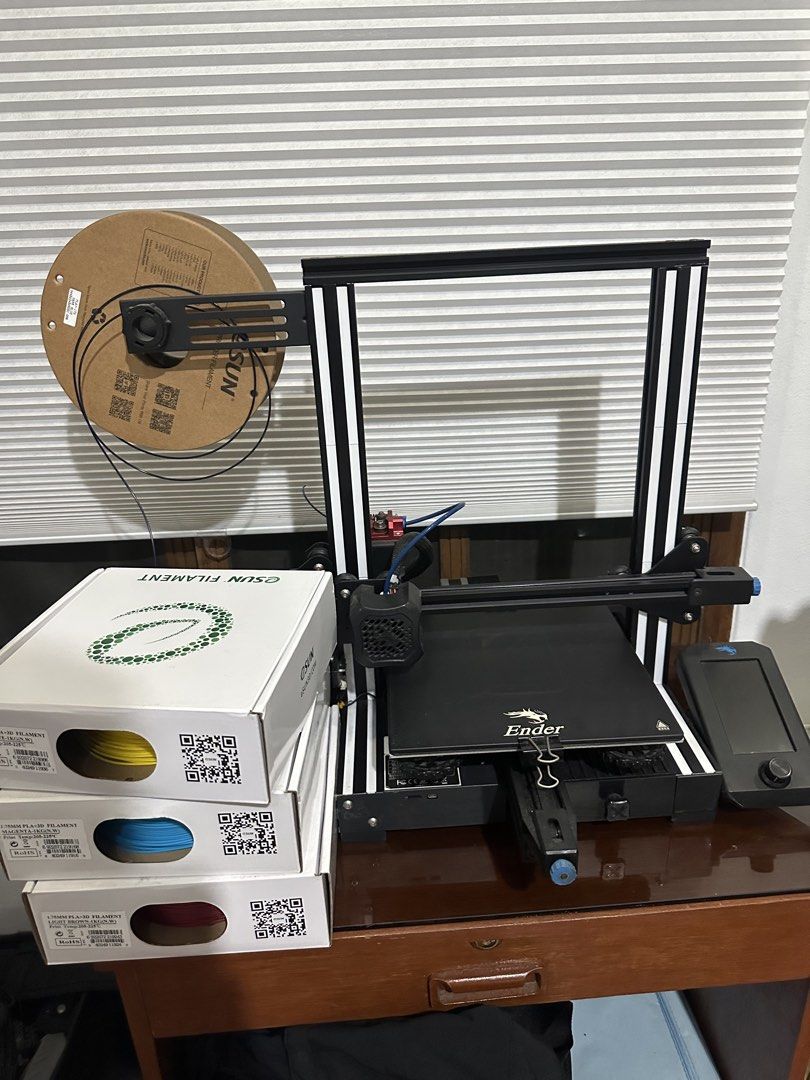 Creality Ender 3D Printer with eSUN Filament Spools (Category: Printers, Scanners & Copiers) located in Paranaque City. Submitted by ettoree (Listing ID 1468192316, Image 1). Description: Creality Ender 3 3D Printer Upgrades - Glass bed - Upgraded hot end (BRAND NEW JUST REPLACED) - Upgraded feeder Freebies - SD Card - 4 spools of filament (navy blue, yellow, light blue, red) - tips - replacement thermosistor - hot end (used) - brand new replacem