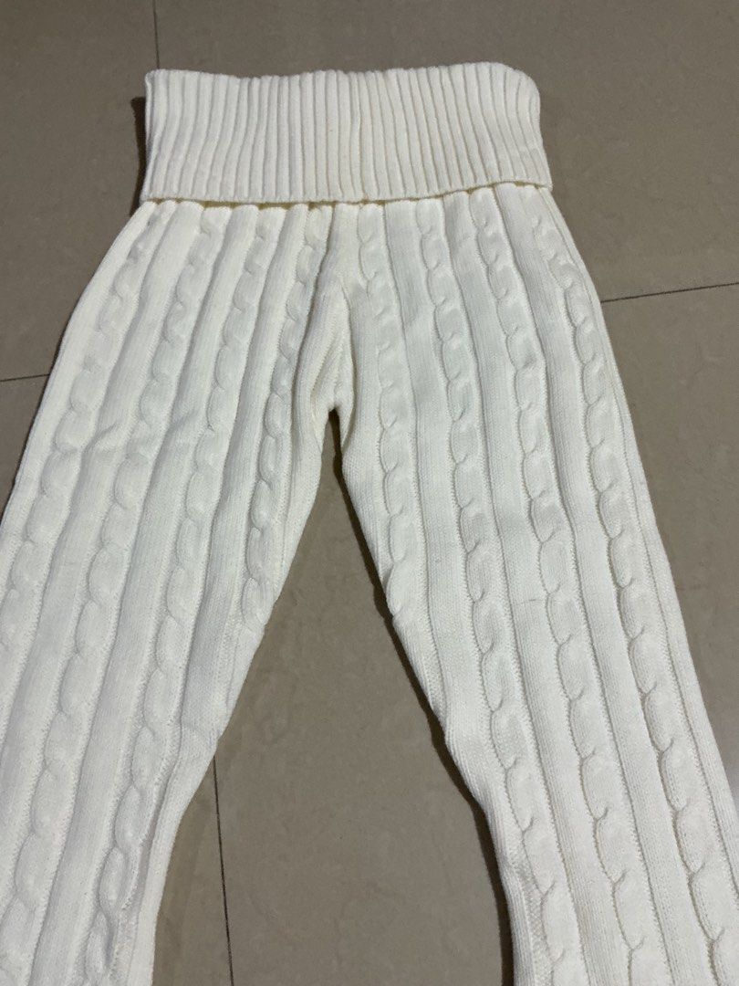 Cream cable knit flare pants (Category: Jeans) located in Bulacan. Submitted by toogoodtobegarbage (Listing ID 1468189543, Image 3). Description: - Color: cream cable knit pants with a flared leg cut. - Size M: can fit to small - never used - no flaws - available in black (check my profile).