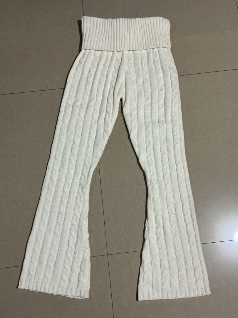 Cream cable knit flare pants (Category: Jeans) located in Bulacan. Submitted by toogoodtobegarbage (Listing ID 1468189543, Image 2). Description: - Color: cream cable knit pants with a flared leg cut. - Size M: can fit to small - never used - no flaws - available in black (check my profile).