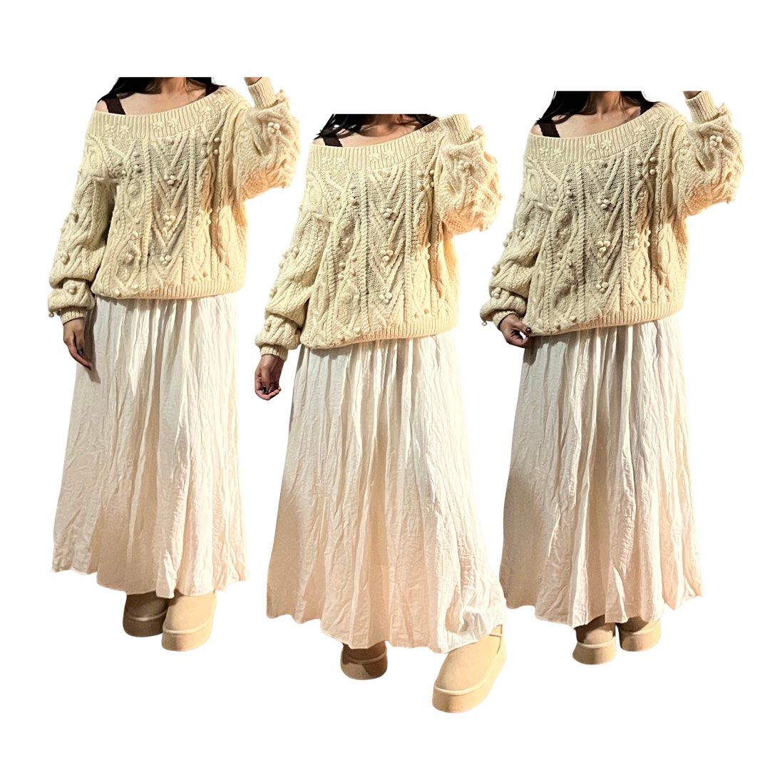 CREAM CHUNKY CABLE KNIT OFF SHOULDER SWEATER (Category: Coats, Jackets and Outerwear) located in Baguio. Submitted by claie.bg (Listing ID 1468207168, Image 3). Description: ⊹ CREAM CHUNKY CABLE KNIT OFF SHOULDER SWEATER ⊹ ᰔ sooo very cute! perf for any outfitttt <33 (shoujo, mori kei, etc) ᰔ high quality knit material ᰔ lovee the flower details hehe DEETS: size up to large length- 25 inches washed and ready to wear!.
