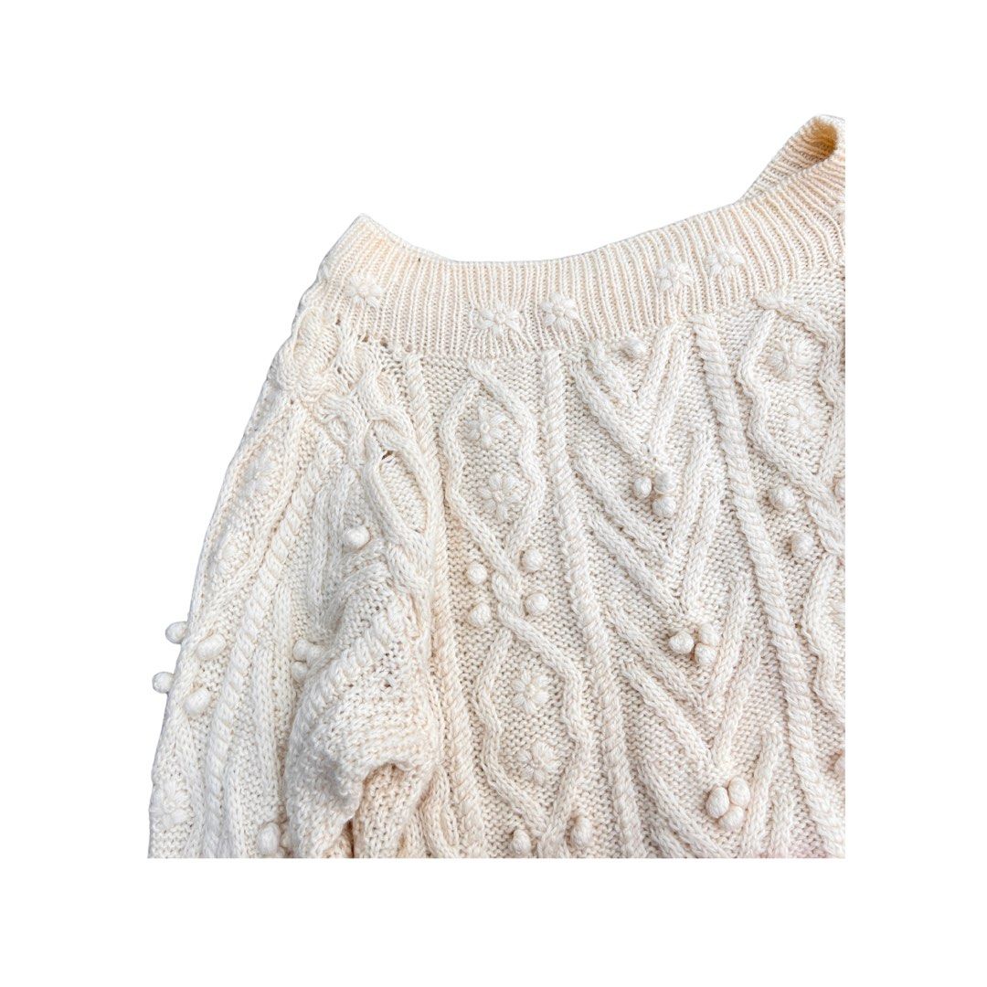 CREAM CHUNKY CABLE KNIT OFF SHOULDER SWEATER (Category: Coats, Jackets and Outerwear) located in Baguio. Submitted by claie.bg (Listing ID 1468207168, Image 2). Description: ⊹ CREAM CHUNKY CABLE KNIT OFF SHOULDER SWEATER ⊹ ᰔ sooo very cute! perf for any outfitttt <33 (shoujo, mori kei, etc) ᰔ high quality knit material ᰔ lovee the flower details hehe DEETS: size up to large length- 25 inches washed and ready to wear!.