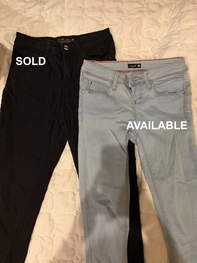 Crissa Jeans Size 26 (Category: Jeans) located in Antipolo. Submitted by renz_1 (Listing ID 1464924311, Image 3). Description: - Sizes: Both size 26 - Brand 1: Crissa (Light blue wash) - Brand 2: Redgirl Jean Wear (Black) - Fit & Style: Slim fit with front pockets and button closures - Perfect staple pieces for daily casual outfits.