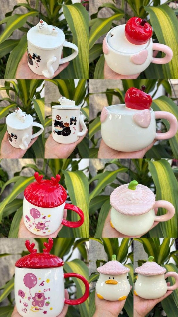 Cute Cartoon Character Ceramic Mugs with Lids Assorted Designs (Category: Coffee & Tea Tableware) located in Caloocan City. Submitted by agr_shop (Listing ID 1468177027, Image 1). Description: - Adorable ceramic mugs with matching character-topped lids - Available designs: Cats, Apples, Lotso Bear, Kitty, and Ducks - Sturdy handle for a comfortable grip - Perfect for coffee, tea, or hot chocolate at home or in the office - Hand wash recommended t