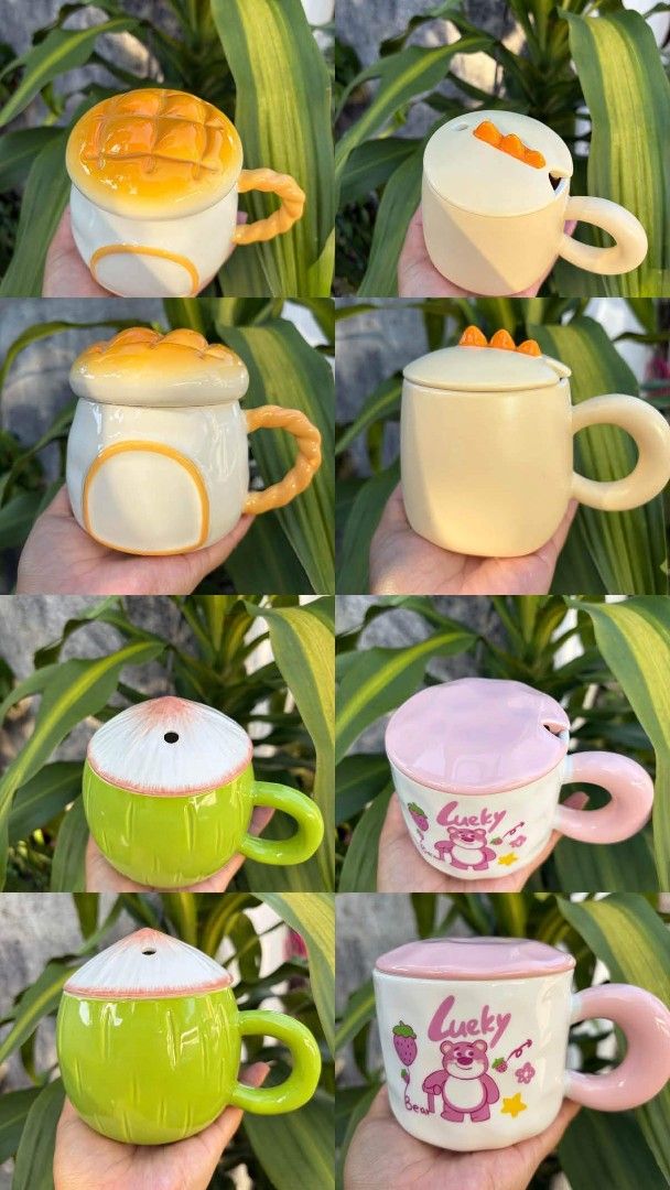 Cute Ceramic Mugs with Lids Assorted Characters and Designs 002 (Category: Coffee & Tea Tableware) located in Caloocan City. Submitted by agr_shop (Listing ID 1468177126, Image 2). Description: - Adorable ceramic mugs featuring cute character lids ( Kitty, Lotso Bear, dinosaurs, mushrooms, and cartoon houses) - Each mug comes with a matching lid and a unique handle shape - High-quality glazed ceramic with a smooth and glossy finish - Perfect for 