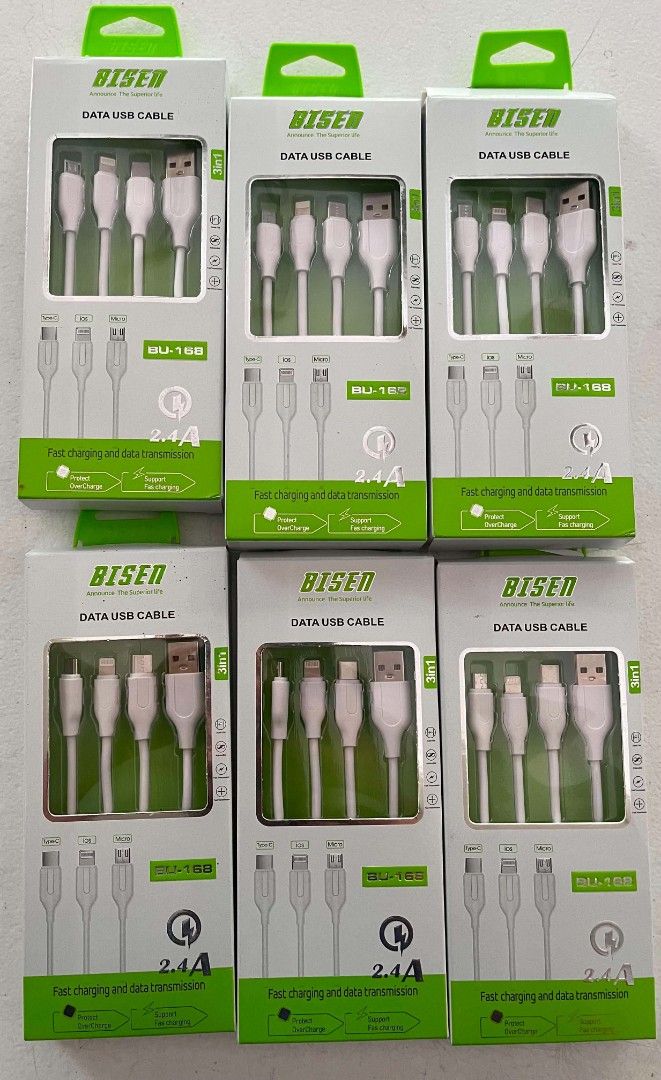 Data Chargers (Category: Chargers & Cables) located in Manila. Submitted by tricia_00 (Listing ID 1468083550, Image 1). Description: - Brand new Bisen BU-168 3-in-1 Data USB Cable - Color: White - Connectors: Type-C, iOS, and Micro USB in one cable - 2.4A fast charging and data transmission capability - Built-in overcharge protection for device safety - Convenient meetup available at Sucat Highway.