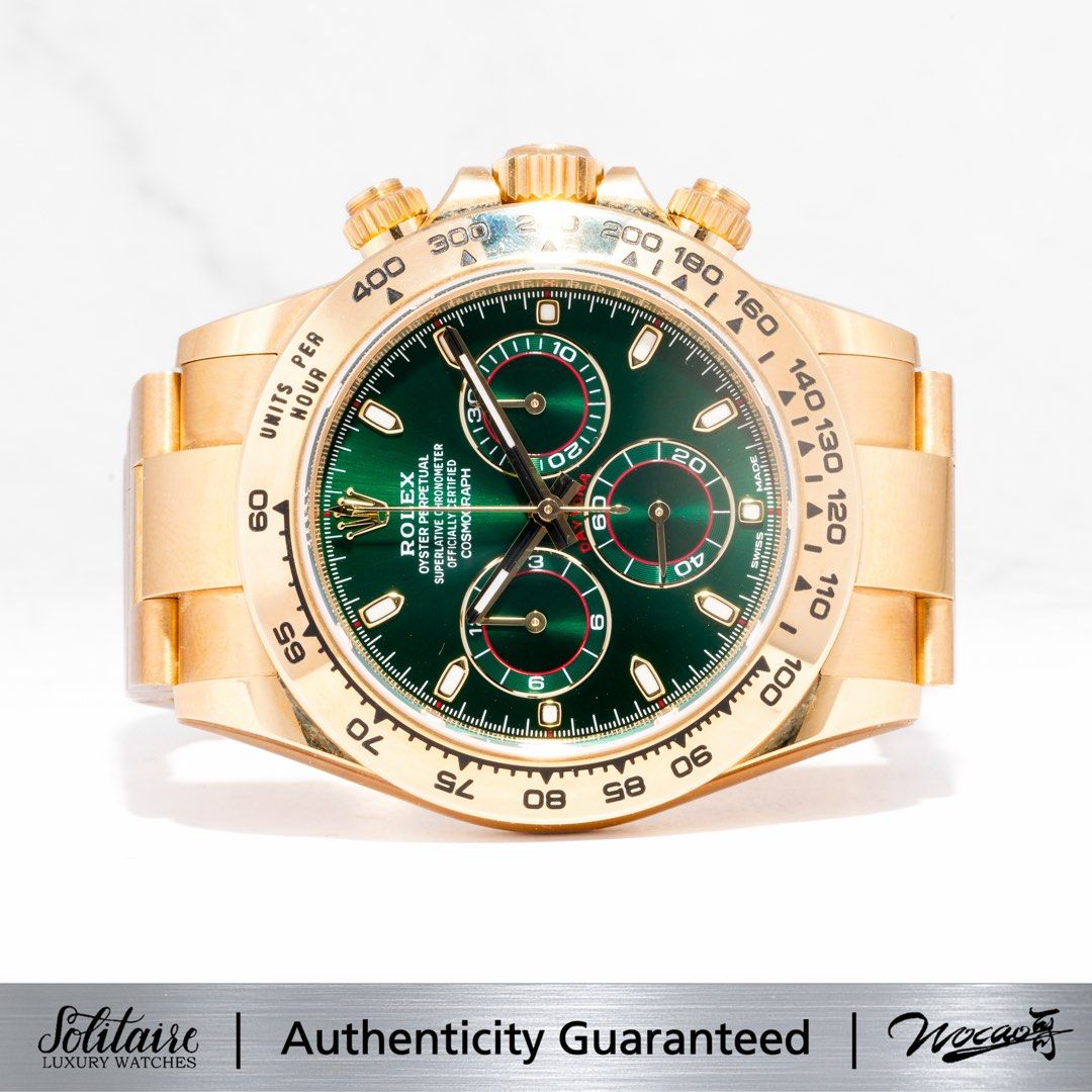 DEC 2022 99.9% NEW Rolex Daytona John Mayer green 116508 (White Tag)(Unpolished) (Category: Watches) located in Singapore. Submitted by solitaire.luxury (Listing ID 1468210206, Image 1). Description: Subscribe now for Monthly Mega Sale at our Tele : https://bit.ly/Solitaireluxury Brand : Rolex Model : 116508 Condition : 99% NEW Dated : DEC 2022 Warranty : 5 Years International Warranty Box : Included Papers/Certification : Included Size (Diameter