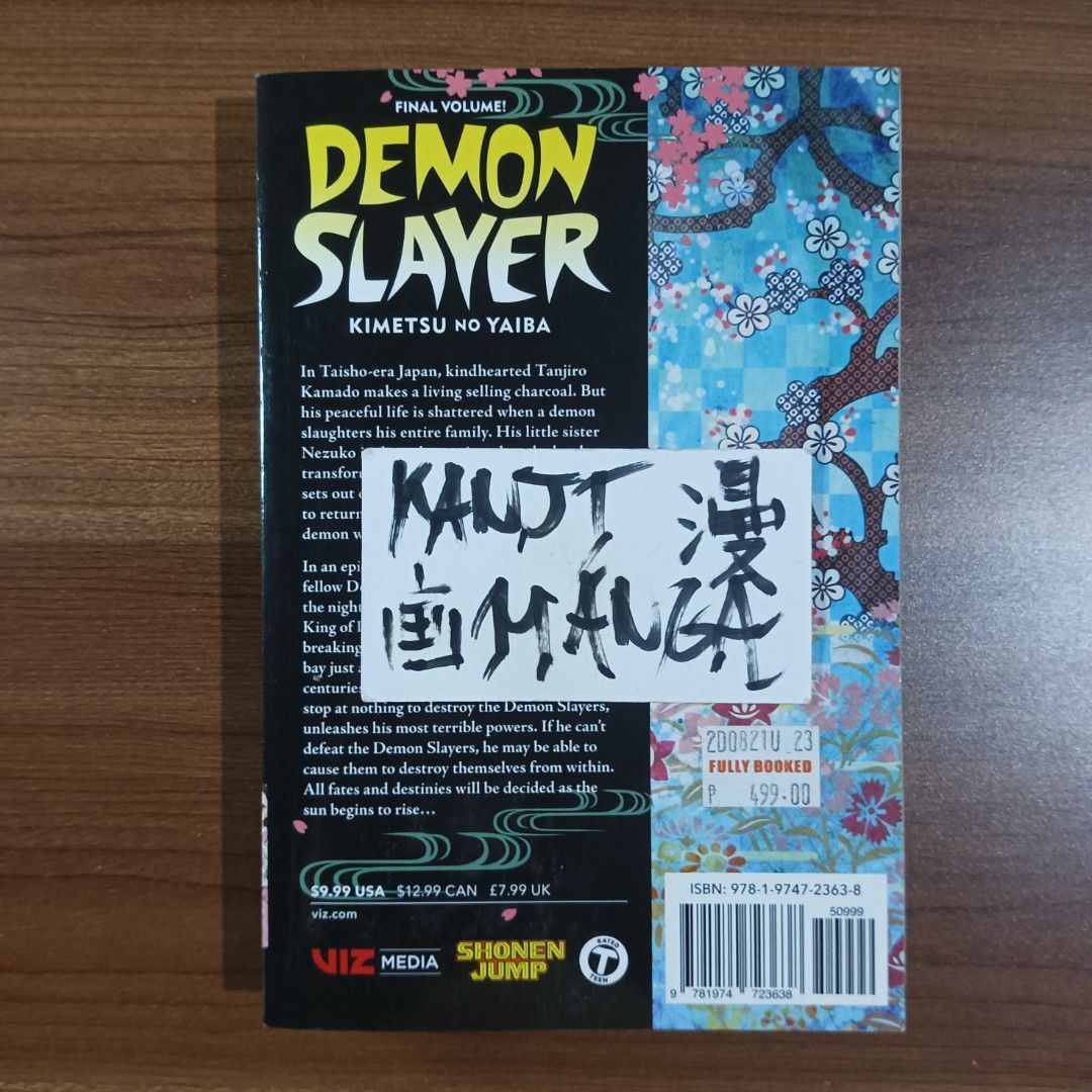 Demon Slayer Manga Volume 23 (Category: Comics & Manga) located in Davao. Submitted by kanjimangaonlinestore (Listing ID 1468189377, Image 2). Description: • Demon Slayer Vol. 23 Condition: Lightly Used Slightly Yellowing Location: Davao City MOP: Gcash MOD: J&T / SPX.
