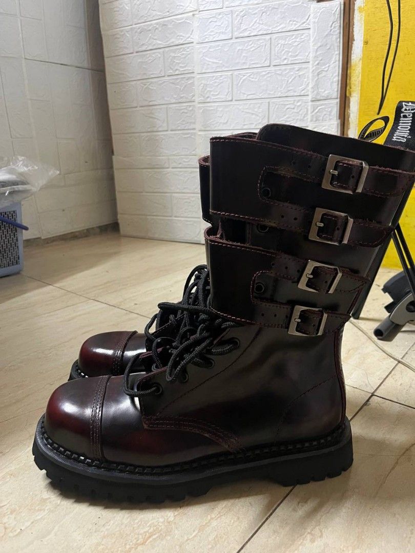 DEMONIA ATTACK 10 BOOTS (Category: Boots) located in Quezon City. Submitted by alternativefinds (Listing ID 1468080124, Image 3). Description: Description: Selling a pair of Demonia Attack-10 combat boots in a stunning burgundy/bordeaux rub-off finish. These feature a heavy lug sole, front laces, and 4 chunky buckle straps up the calf. Perfect for goth, punk, grunge, or alternative styles! • Brand: Demonia • Style: Attack-10 • Color: Burgundy / B