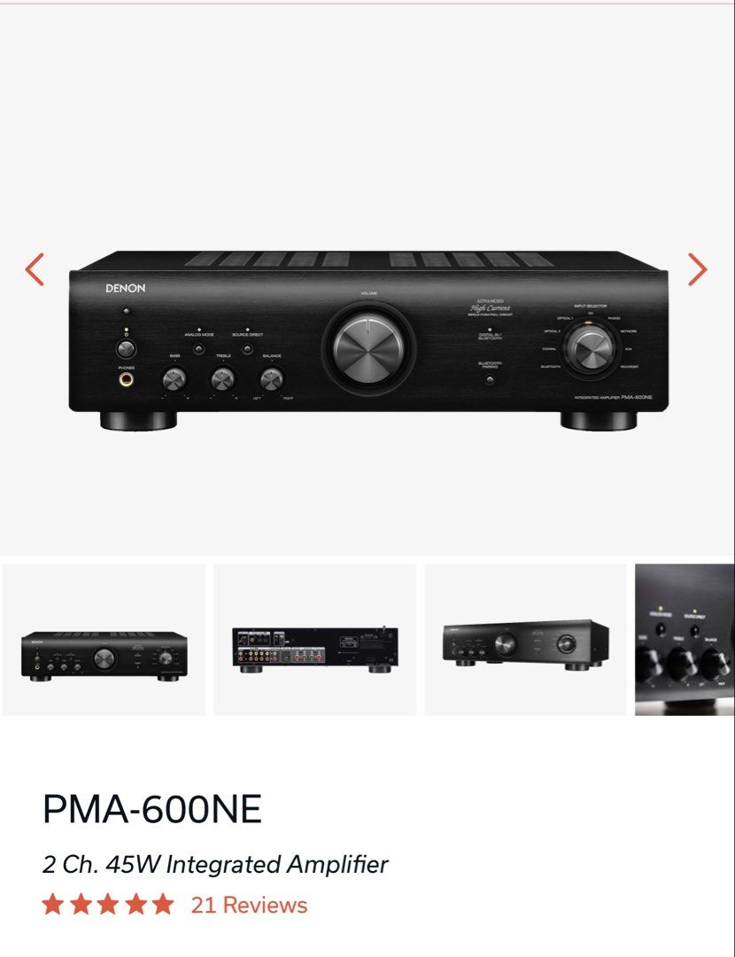 Denon amplifier (Category: Soundbars, Speakers & Amplifiers) located in Makati City. Submitted by fardis (Listing ID 1468059977, Image 3). Description: Denon PMA-600NE Featuring Bluetooth streaming, digital inputs and a built-in phono equalizer, the Denon PMA-600NE integrated amplifier sets new heights in audio performance and connectivity for the aspiring music enthusiast. Stereo amplifier 45W per channel (8 ohms) Advanced circuitry Bluetooth Di