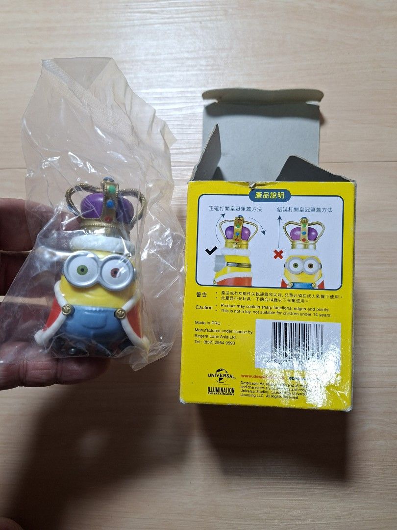 Despicable Me Minions King Bob Highlighter Pen (Category: Stationery & School Supplies) located in Baguio. Submitted by restyrille77846 (Listing ID 1468088782, Image 1). Description: - Character: King Bob from Despicable Me wearing crown and robe - Item: Theme highlighter pen (Mannings promotional item) - Condition: Brand new, still sealed in original plastic packaging - Packaging: Includes original yellow retail box with instruction graphics on 