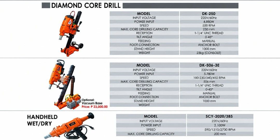 DIAMOND CORE DRILL (Category: Construction Tools & Equipment) located in Pandi. Submitted by maeloviila (Listing ID 1468074476, Image 1). Description: DIAMOND CORE DRILL – HEAVY-DUTY PROFESSIONAL DRILLING EQUIPMENT -DK-250 = 55,600 -DK-506-3E = 116,500 -SCY-2020(3BS) = 33,200 Powerful and reliable diamond core drilling machines designed for professional construction, concrete drilling, and other demanding applications. Ideal for drilling precise 