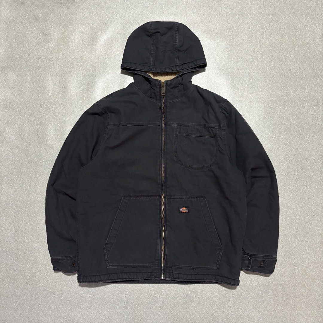 Dickies Sherpa Lined Canvas Hooded Jacket Black (Category: Coats, Jackets and Outerwear) located in Cavite. Submitted by thrift_yard_blvd (Listing ID 1468182860, Image 1). Description: Dickies Sherpa Active Jacket Size: Large on the tag. Width 24in Length 28in Condition: Lightly used. Issue: None. Mine: 1350 pesos.