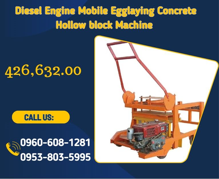 Diesel Engine Mobile Egglaying Concrete Hollow block Machine (Category: Everything Else Others) located in Lapu Lapu. Submitted by purebird.d6b6a1 (Listing ID 1468077945, Image 1). Description: ★Brick Type: Standard /Hollow/pavement brick ★Power: diesel engine/semi-auto ★Carriage Size: egg laying type 40-45s/1cycle ★Production Capacity: 240*115*53mm 26pcs/mould 240*115*90m 9pcs/mould 400*200*200mm 4pcs/mould 400*150*200mm 5pcs/mould ★Overall Size