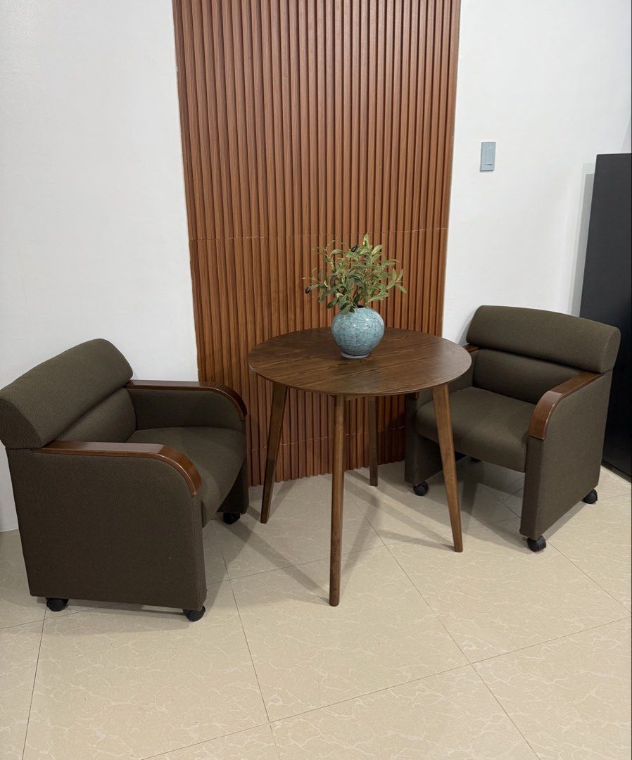 Dining/Coffee set (Category: Other Home Furniture) located in Lipa City. Submitted by lamostemelissa (Listing ID 1468104644, Image 1). Description: Selling our: 2 Accent Chair with removable wheels Round Table 90cm diameter from mandaue Both in good condition Barely used Coffee table set or could be dining set RFS: we moved to smaller space, need to declutter Lipa location .
