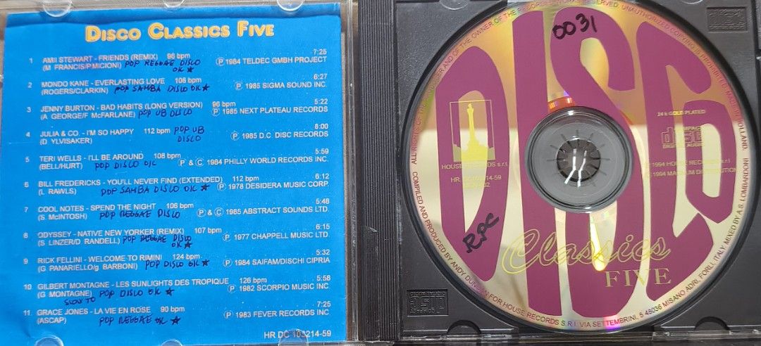 Disco Classics Five 24k Gold Plated Edition CD (Category: CDs & DVDs) located in Manila. Submitted by ruelcabrer77078 (Listing ID 1468209016, Image 3). Description: - Album: Disco Classics Five Compilation CD (1994, House Records) - Edition: Rare 24k gold plated edition - Tracklist: 11 classic tracks featuring Amii Stewart, Grace Jones, Odyssey, and more - Inclusions: Original jewel case and booklet (with handwritten notes on tempos and styles) -