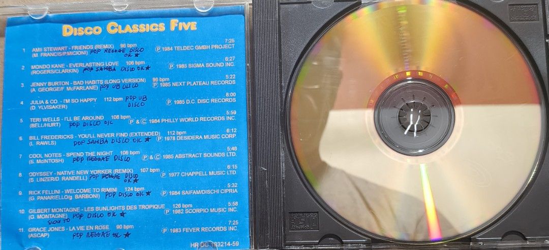 Disco Classics Five 24k Gold Plated Edition CD (Category: CDs & DVDs) located in Manila. Submitted by ruelcabrer77078 (Listing ID 1468209016, Image 2). Description: - Album: Disco Classics Five Compilation CD (1994, House Records) - Edition: Rare 24k gold plated edition - Tracklist: 11 classic tracks featuring Amii Stewart, Grace Jones, Odyssey, and more - Inclusions: Original jewel case and booklet (with handwritten notes on tempos and styles) -