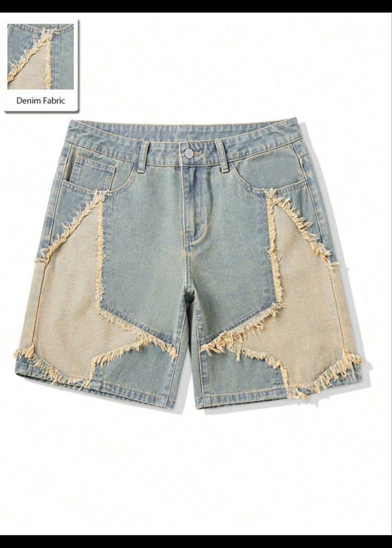 Distressed Patchwork Denim Shorts Raw Edge Vintage Wash (Category: Shorts) located in Antipolo. Submitted by haroldjaymagno (Listing ID 1468175054, Image 2). Description: - Style: Casual streetwear denim shorts with heavy patchwork - Details: Star-shaped contrast panels, raw frayed edges, light blue & beige wash - Fit: Mid-rise waist, zipper fly with button closure, five-pocket styling - Condition: Unworn (tags removed) - Perfect for effortless, 