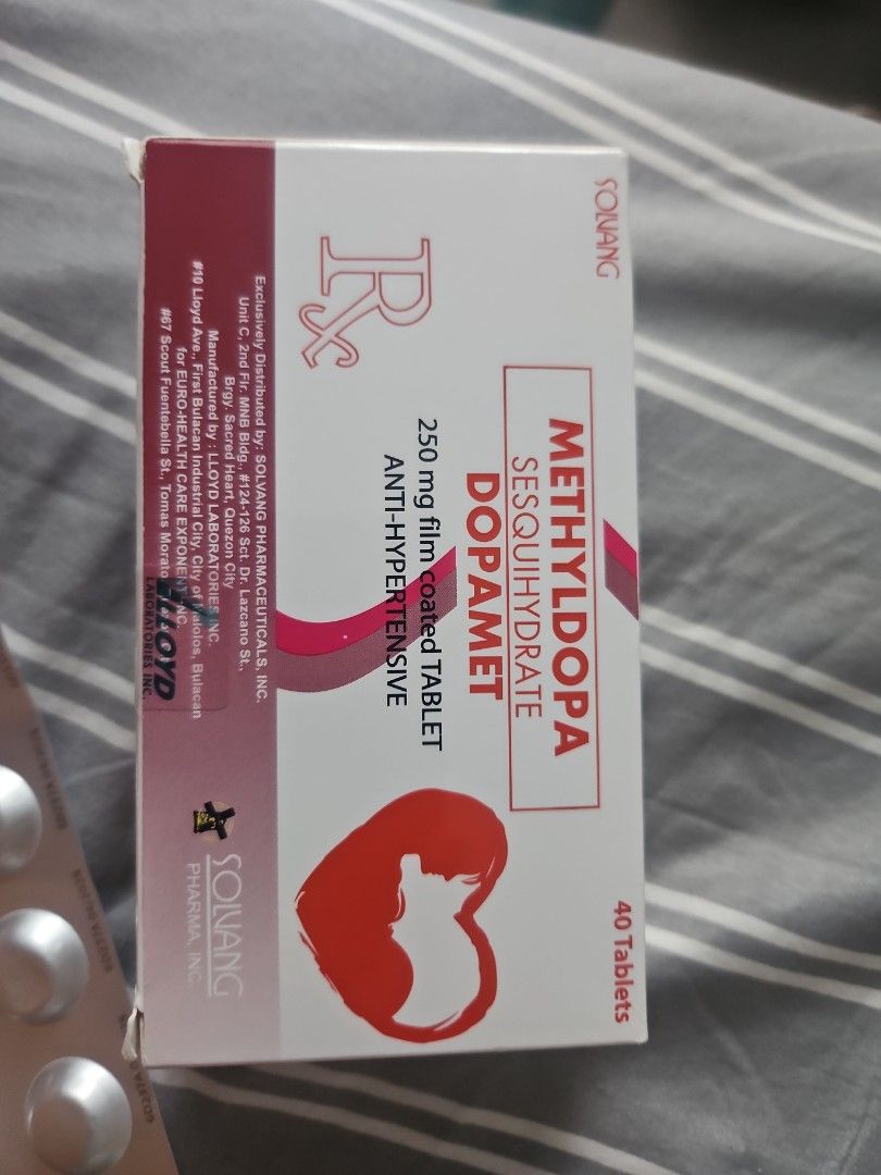 Dopamet Methyldopa Aldomet (Category: Maternity Care) located in Quezon City. Submitted by mulata (Listing ID 1468099682, Image 2). Description: - Brand: Dopamet 250 mg film-coated tablets - Indication: For hypertension for pregnant - Quantity: 40 tablets total - Manufacturer: Lloyd Laboratories for Solvang Pharmaceuticals - Condition: Brand new, unopened packaging with seal intact RFS : Had a early miscarriage. Was not able to consume it. Bought