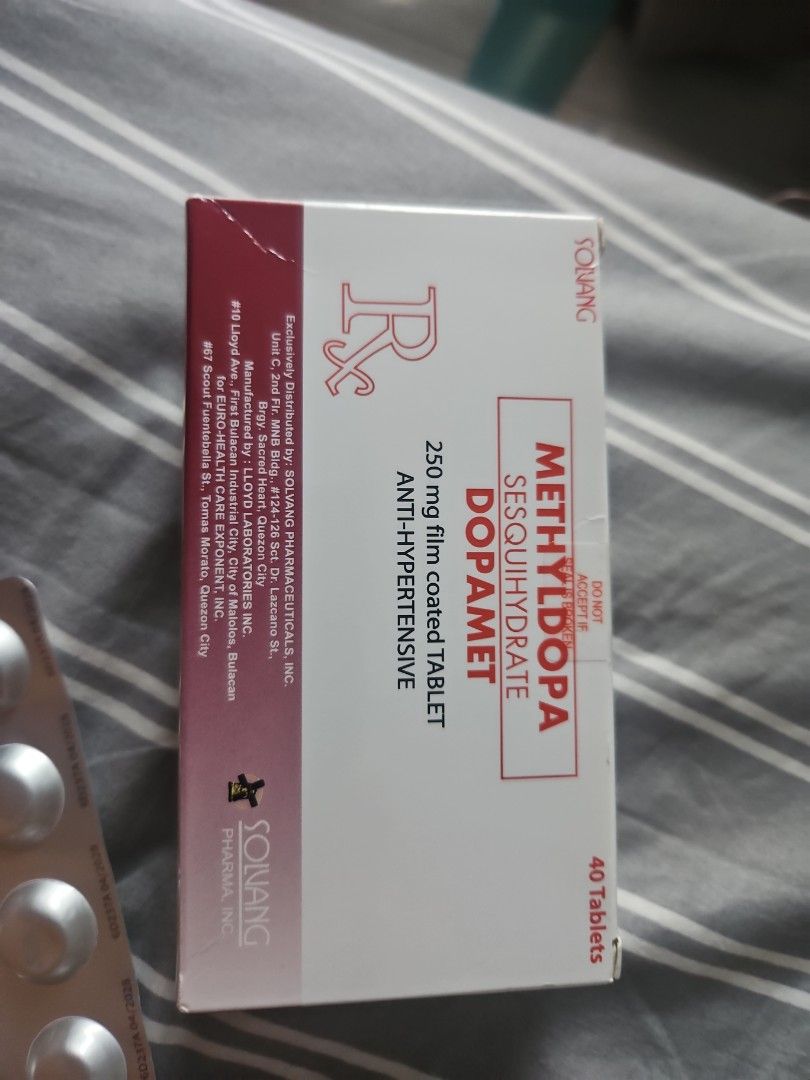 Dopamet Methyldopa Aldomet (Category: Maternity Care) located in Quezon City. Submitted by mulata (Listing ID 1468099682, Image 1). Description: - Brand: Dopamet 250 mg film-coated tablets - Indication: For hypertension for pregnant - Quantity: 40 tablets total - Manufacturer: Lloyd Laboratories for Solvang Pharmaceuticals - Condition: Brand new, unopened packaging with seal intact RFS : Had a early miscarriage. Was not able to consume it. Bought