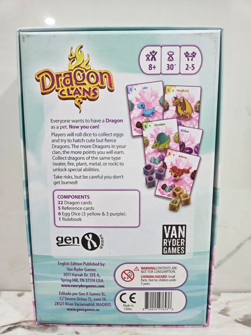 Dragon Clans Board Game by Van Ryder Games (Category: Board Games & Puzzles) located in Caloocan City. Submitted by caiwilmer (Listing ID 1468181162, Image 3). Description: Dragon Clans — Card & Dice Game (Van Ryder Games / Gen X Games) Dragon Clans by José D. Flores! A fun, push-your-luck card and dice game where players compete to breed, evolve, and train the most valuable dragons. "Have you ever wished you had a dragon as a pet? Roll dice up t