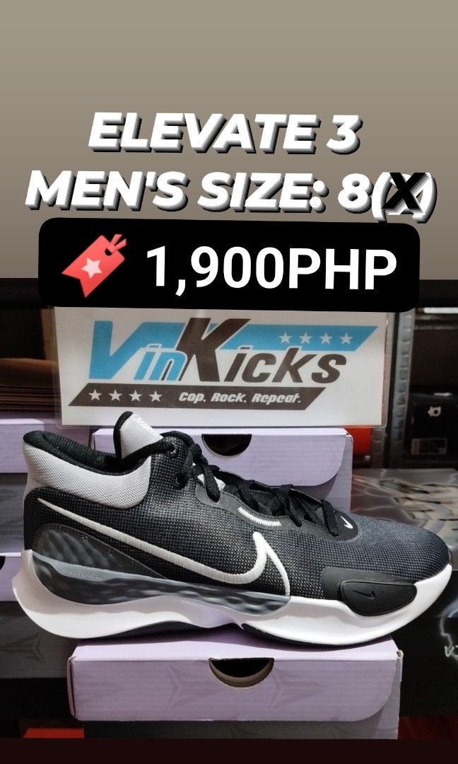 Elevate 3 Basketball Size 8/12 (Category: Sneakers) located in Balagtas. Submitted by vinkicks19 (Listing ID 1468177724, Image 2). Description: Elevate3 Basketball Shoes. 🖤🏀🔥 🐈‍⬛ All Black Men's Size: 12 🔖 2️⃣,4️⃣0️⃣0️⃣PHP 🖤 Black/White Men's Size: 8 🔖 1️⃣,9️⃣0️⃣0️⃣PHP *No other Sizes & Colorways available. 💯 Brandnew/Authentic/BelowSRP(4,095PHP) 📍 Balagtas, Bulacan. 🚚 Flash/J&T/Lalamove 📥 Act Fast, Limited Stocks only..