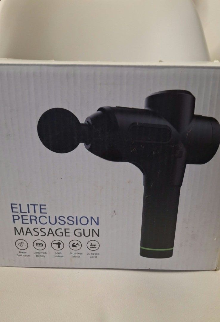 Elite Percussion Massage Gun 20 Speed Level (Category: Massage Devices) located in Antipolo. Submitted by fattofu (Listing ID 1468081662, Image 1). Description: - Model: Elite Percussion Massage Gun - Color: Black - Battery: 2600mAh long-lasting battery - Performance: Up to 3300 RPM with a powerful brushless motor - Settings: 20 adjustable speed levels - Feature: Built-in noise reduction design - Inclusions: Original box included.