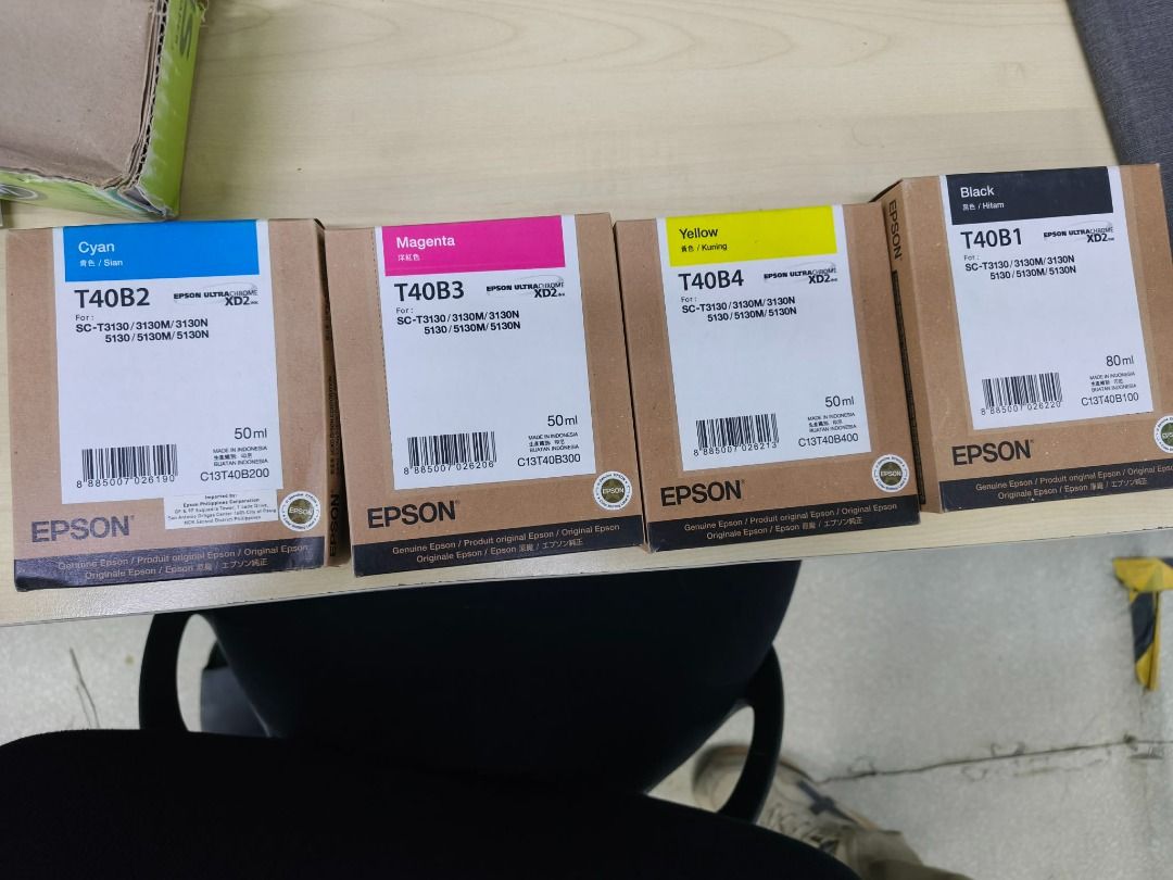 EPSON TB04B1, T40B2, TB0B3, TB0B4 FOR PLOTTER (Category: Printers, Scanners & Copiers) located in Caloocan City. Submitted by boldstorm.6c6475 (Listing ID 1468065476, Image 1). Description: MAGENTA- 5 CYAN-4 YELLOW-5 BLACK-4.