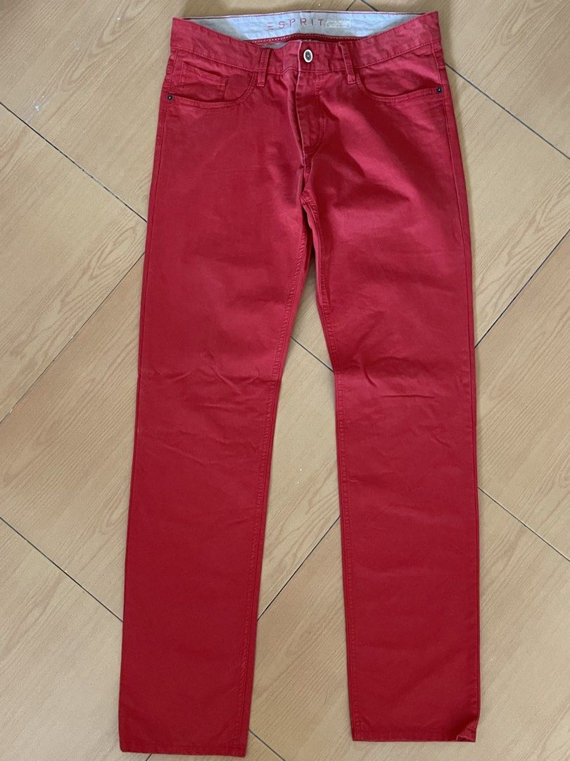 Esprit Slim Fit Red Pants (Category: Jeans) located in Quezon City. Submitted by kvrt0907 (Listing ID 1468104126, Image 1). Description: - Brand: Esprit - Style: Slim fit pants - Color: Bright red - Size: Waist 33, Length 34 - Material: Comfortable cotton - Features: Button closure, belt loops, and standard four-pocket design - Condition: Clean inside and out, well-maintained Negotiable pa po ito. Halos hindi nagamit po. Special events lang. boug