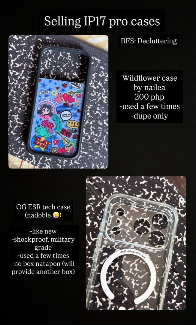 ESR Tech Clear Case iphone 17 pro (Category: Other Mobile & Gadget Accessories) located in Subic. Submitted by esteile30 (Listing ID 1468158004, Image 1). Description: TAKE BOTH CASES (wf dupe only) RFS: Decluttering (Can ship thru lbc/j&t) Olongapo Area; Maxim dev or meet up YBC/SMC.