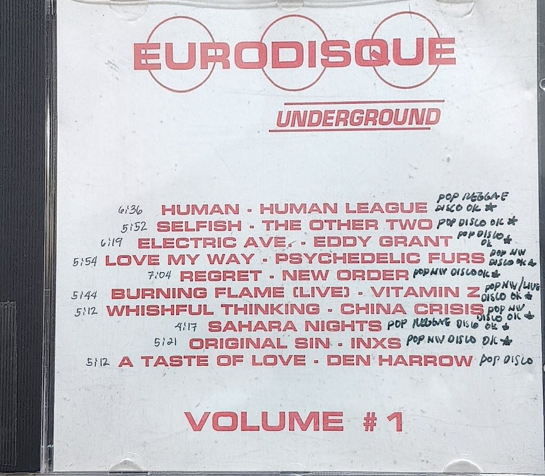 Eurodisque Underground Volume #1 Promo CD (Category: CDs & DVDs) located in Manila. Submitted by ruelcabrer77078 (Listing ID 1468208513, Image 1). Description: - Title: Eurodisque Underground Volume #1 Compilation CD - Featured Artists: Human League, The Other Two, Eddy Grant, Psychedelic Furs, New Order, Vitamin Z, China Crisis, INXS, and Den Harrow - Condition: Promo copy with 'For DJ use only, Not for commercial sale or display' on the label -
