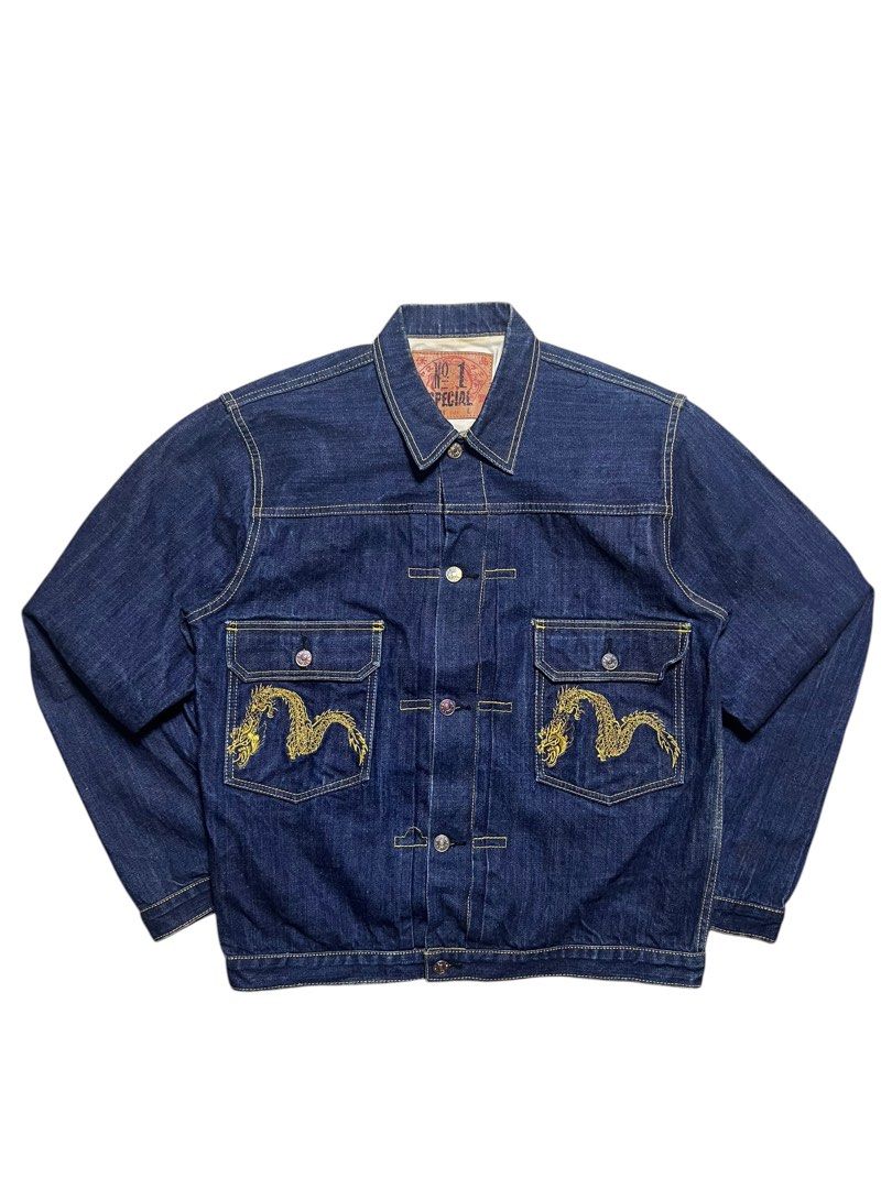 EVISU DRAGON NO-1 SPECIAL TYPE-2 SELVEDGE DENIM JACKET (Category: Coats, Jackets and Outerwear) located in Las Pinas. Submitted by greedythrifterz (Listing ID 1468095750, Image 2). Description: EVISU DRAGON NO-1 SPECIAL TYPE-2 SELVEDGE DENIM JACKET DIMES- WIDTH 22 BY LENGTH 26.5 ISSUE - SIGN OF USAGE, CHECK PICS FREE SHIP AND NEGOTIABLE .