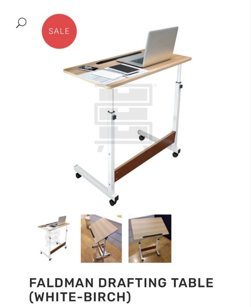 Faldman Drafting Table White-Birch (Category: Tables & Sets) located in Manila. Submitted by royalowl_34d849 (Listing ID 1468175062, Image 1). Description: - Adjustable height drafting table in a stylish white and birch finish - Smooth tilting top mechanism ideal for drawing, reading, or laptop use - Built-in wheels with locking casters for easy mobility - Sturdy metal frame with a stylish wooden accent bar - Compact footprint designed for small 