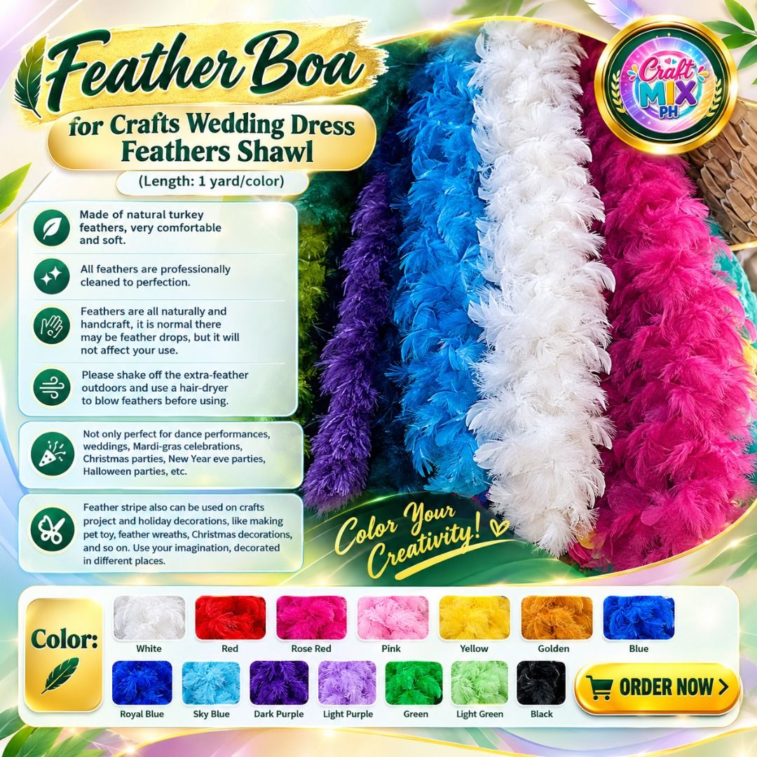 FEATHER BOA FOR CRAFTS, WEDDING DRESSES & FEATHER SHAWLS (Category: Craft Supplies & Tools) located in Manila. Submitted by golden888onlineshop (Listing ID 1468082882, Image 1). Description: 🔥 ADD COLOR, GLAMOUR & FLUFF TO EVERY CREATION! 🪶✨ Looking for the perfect finishing touch for your crafts, costumes, or special events? 💖 Our FEATHER BOA FOR CRAFTS, WEDDING DRESSES & FEATHER SHAWLS is here to bring your creative ideas to life! 🌈 ✨ WHY Y
