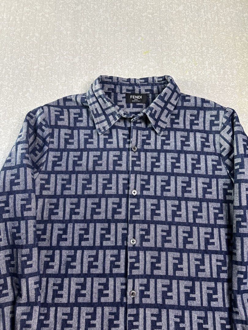 Fendi FF Monogram Denim Long Sleeve Shirt (Category: Luxury Apparel) located in Dasmarinas. Submitted by insaurigaj60770 (Listing ID 1468117078, Image 2). Description: - Authentic Fendi denim long sleeve button-up shirt - Eye-catching all-over blue and white FF monogram logo pattern - Classic collared neckline and button cuffs - Features official Fendi Roma neck label (Made in Italy) - Clean casual fit, perfect as a daily statement piece - Ships 