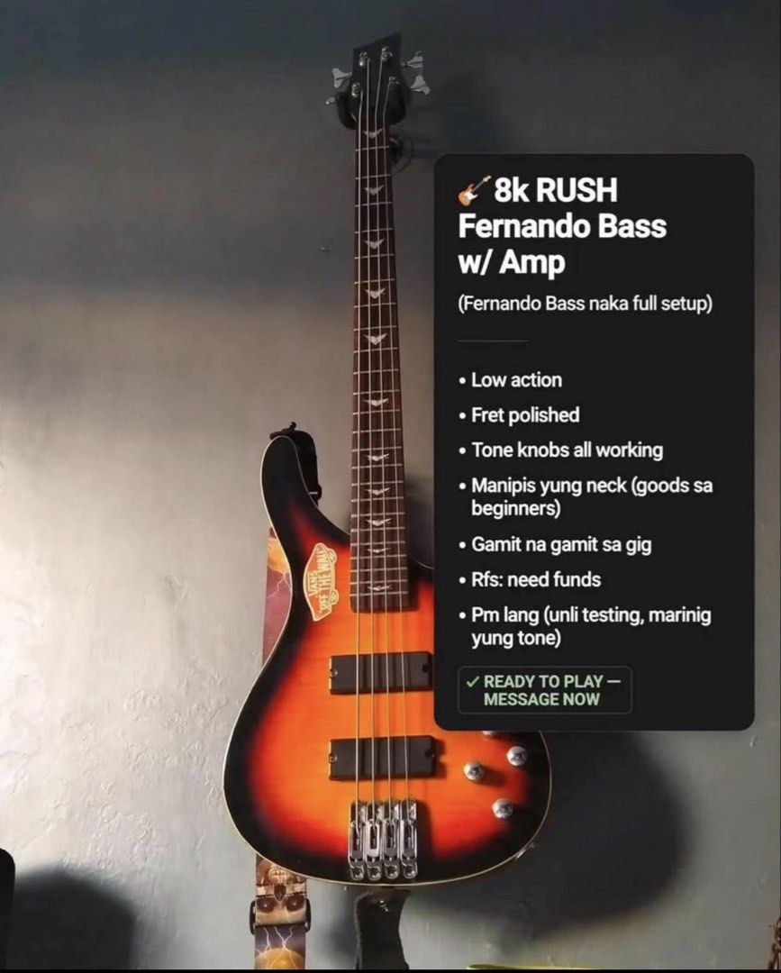 Fernando Bass w/ Amp (Rush) (Category: Musical Instruments) located in Manila. Submitted by jespads (Listing ID 1468064239, Image 1). Description: - Fernando Bass with matching amplifier included (5k w/o amplifier) - Full setup completed: low action and polished frets - Thin neck profile, perfect for beginners - All tone knobs are in working condition - Gig-tested and ready to play - Unlimited testing upon meetup to check the tone - Reason for se