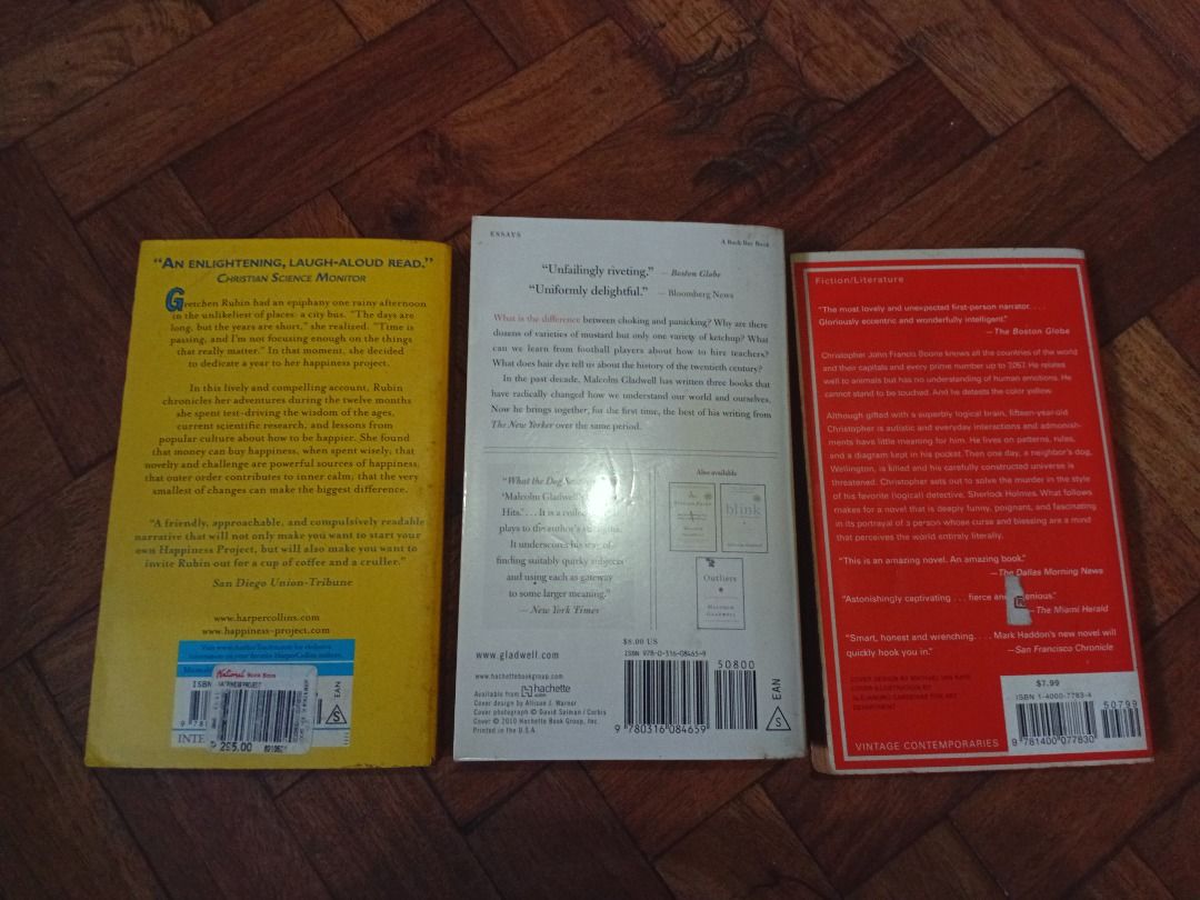 Fiction & Non-Fiction Book Bundle (3 PCS) (Category: Storybooks) located in Cainta. Submitted by stardust.1111 (Listing ID 1468282874, Image 3). Description: TAKE ALL 3 BOOKS The Curious Incident of the Dog in the Night Time - Mark Haddon What the Dog Saw - Malcolm Gladwell The Happiness Project - Gretchen Rubin Book Condition: Pre-owned books, read only once and kept on a bookshelf since then. No torn pages. Please refer to the photos for the co